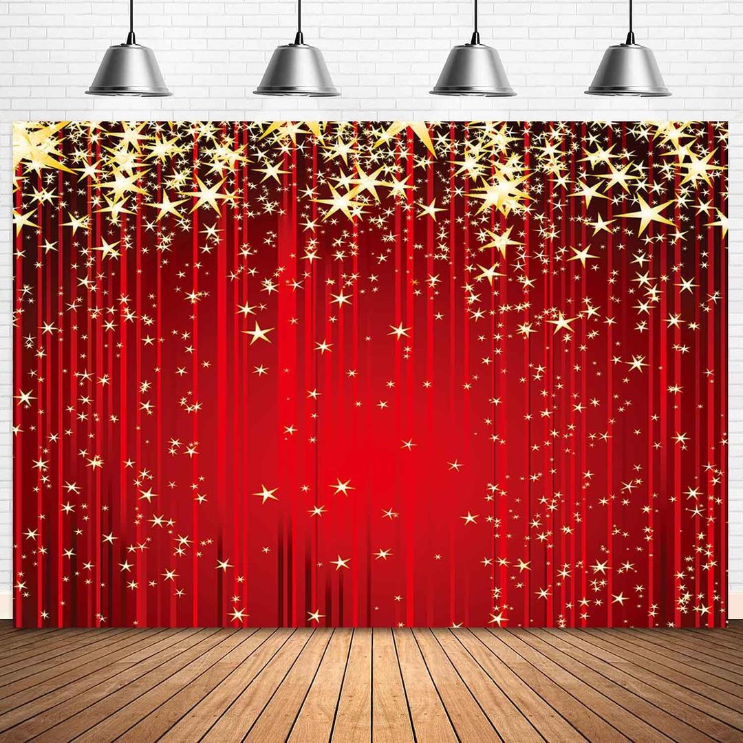 Sensfun Red Curtain Gold Star Backdrop Red Carpet Sparkle Glitter Stars Christmas Photography Background VIP Hollywood Party Indian Birthday Decorations Banner Photoshoot Photo Booth Props 7x5ft