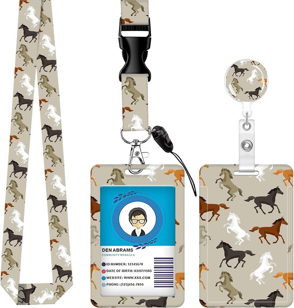 3 Pack ID Badge Holder with Retractable and Detachable Lanyard, Cute Badge Reel Breakaway Lanyard with Carabiner Clip for Teachers, Nurses, Perfect Work and Office(Cool Horses)