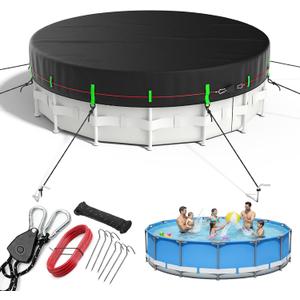 14ft Round Pool Cover for Above Ground Pools, 420D Tear & UV Resistant Solar Pool Cover, Triple Wind Protection with Pully Tensioner, Elastic Hem & Ground Nails, Snug Fit & Weatherproof