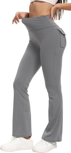 Women's Flare Leggings with Pockets High Waisted Butt Lifting No Front Seam Tummy Control Bootcut Yoga Pants for Women Lightgrey, Medium