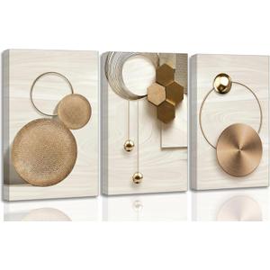 3 Pcs Abstract Gold Geometric Boho Canvas Wall Art Mid Century Modern Minimalist Aesthetic Luxury Metal Artwork Pictures Wall Decor Posters Prints for Living room Bedroom Office Home Decoration, 16x24 in