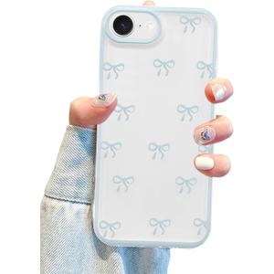 Jusy Compatible with iPhone 7/8/SE Bow Phone Case, Cute Clear Ribbon Bowknot Pattern Aesthetic Soft TPU Transparent Cases Protective Phone Cover for Women Girly - Blue