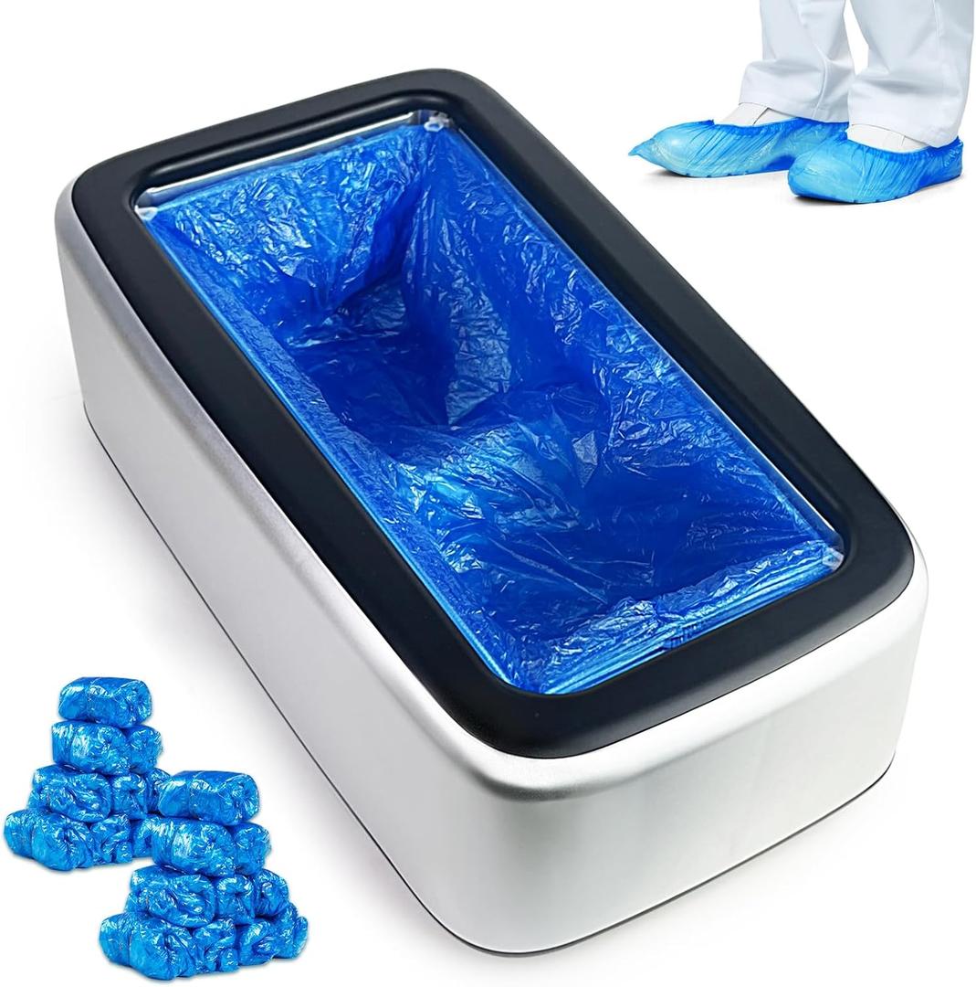 Shoe Cover Dispenser Automatic Shoe Cover Machine with 200pcs Shoe Covers Disposable Portable Automatic Shoe Cover Dispenser Shoe Booties Disposable Non Slip for Home Office (Silver-black cover)
