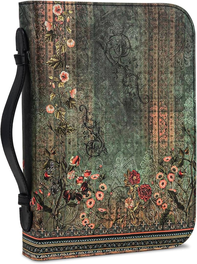 Bible Cover Case for Women PU Leather Woman Book Carrying Bag Bible, Protective Bible Organizer Holder Bag with Handle and Zippered Pocket, Christian Gift for Lady Girls (Boho Floral, XXL)
