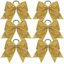 DEEKA 6PCS 8" Large Glitter Gold Cheer Bows with Full Shiny Rhinestones Multicolored Shimmer Cheer Hair Bows Elastic Band Ponytail Holder for Cheerleader Girls Sports-Gold