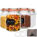 Encheng 50oz Glass Jars with Clamp Lids, Set of 4, 1500ml Square Wide Mouth Mason Jars with Airtight Lids, Large Glass Storage Container with Clip Lids for Kitchen, Flour, Pasta, Beans