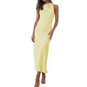 Halfisland Summer Satin High Neck Backless Sleeveless Midi Dresses for Women Elegant Mock Neck High Waist Cross Back Cocktail Dress Yellow M 