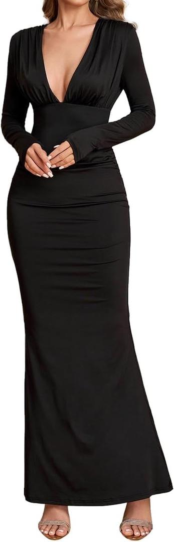 Long Sleeve Maxi Dress Deep V Neck Ruched Bodycon Elegant Semi Formal Wedding Guest Dresses for Women 2025 (Black, S)