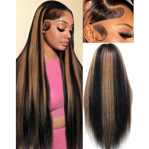 KUKIM 30 Inch Ombre Straight Wigs Human Hair 13x6 HD Transparent Lace Front Wigs Human Hair Pre Plucked 200 Density Highlight Real frontal Wig Can Last 6-9 Months Tangle-Free Natural Black for Women