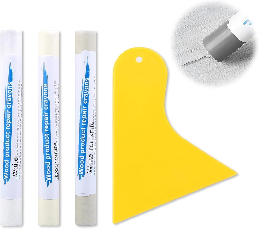 3 - Pack White Wood Repair Crayons, Wax Filler Kit with Scraper for Furniture Scratches, Floors & Cabinets (10011mm) (pure white, ivory white, white - iron)