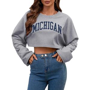 Women Long Sleeve Cropped Sweatshirt Oversized Crew Neck Workout Tops Grey Michigan X-Large (Gray, XL)