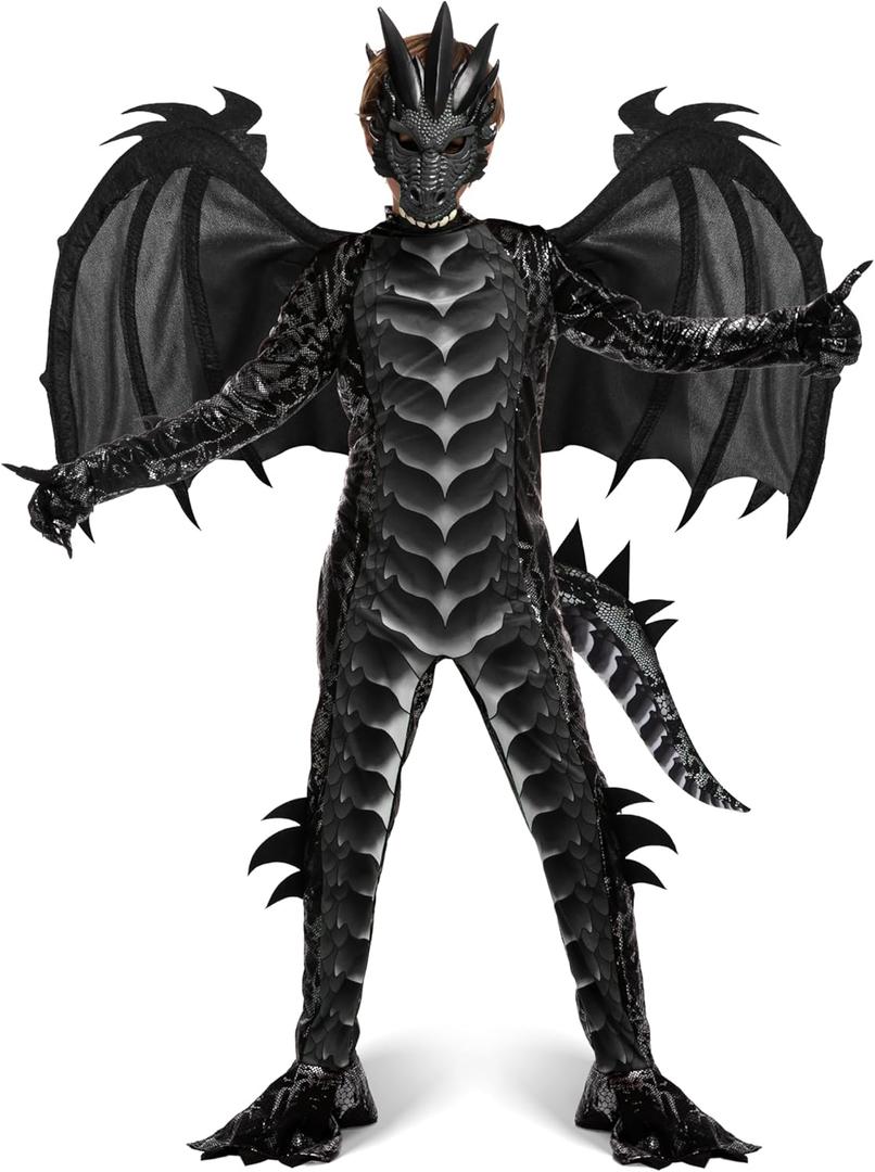 Spooktacular Creations Halloween Kid Dragon Costume, Boys Dragon Wings, Tail and Mask Set for Halloween Dress Up (X-Large(12-14 yrs), Black)