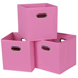 Yunkeeper Black Fabric Cubby Storage Bins,13x13x13 Inches ,Cube Organizer Bin Foldable Storage Boxes with Dual Handles Fabric Organizer Box and collapsible Storage basket,Set of 3 ,Pink
