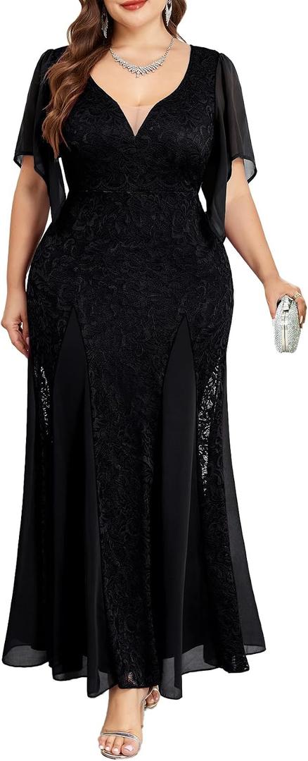 TIARALY Plus Size Wedding Guest Dress Chiffon Lace Evening Gown with Handkerchief Sleeves Cocktail Party Maxi Dress, Black, 1X