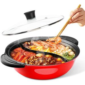 Hot Pot with Divider for Induction Cooker Dual Sided Soup Cookware Two-flavor Chinese Shabu Shabu Pot for Home Party Family Gathering, 4.5 Quart (Red)