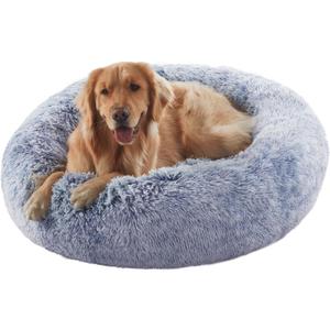 36 inches Donut Dog Bed for Large Dogs - Calming Fluffy Round Pet Bed with Removable & Washable Cover,Fits up to 80 lbs Pets (Dark Blue,Large)