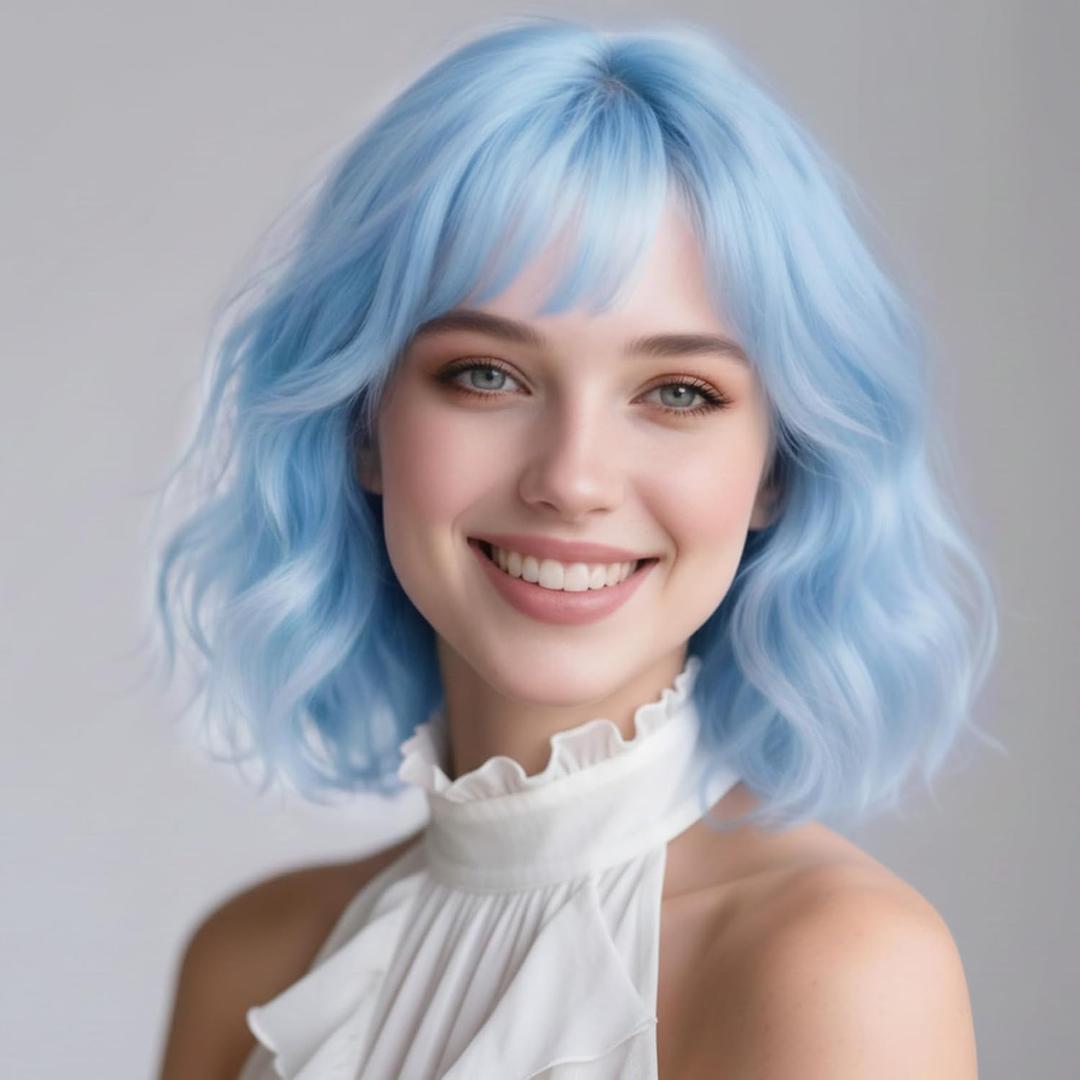 SUKRI Pastel Light Blue Bob Wigs with Bangs for Women Loose Wavy Wig 12 Inch Shoulder Length Bob Synthetic Cosplay Wig for Girls Colorfed Costume Wigs (Light Blue)
