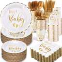 Yungyan 400 Pcs Baby Shower Dinnerware for 50 Guest Baby Shower Paper Plate Napkin Set Gender Reveal Plate Napkins Cup Footprint Disposable Knives Fork Spoon Gender Reveal (Gold,Hey)