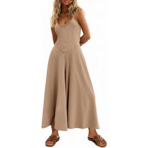 Cicy Bell Womens Casual Wide Leg Jumpsuits Summer Spaghetti Strap Sleeveless Cut Out Loose Long Pant Rompers with Pockets (Beige, L)