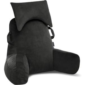 Portable Reading Pillows with Headrest for Bed Sitting Up(Grey), Back Pillow with Arms & Pockets for Adults, Support Memory Foam Bed Pillow for Dorm/Reading/Watching/Gaming (Premium Large)
