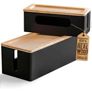 NATURE SUPPLIES Set of 2, Wood Cable Management Boxes, Large and Medium Cord Organizer to Hide Wires and Power Strips for TV, Desk, Computer, Router, Cable Storage and Organization, Black