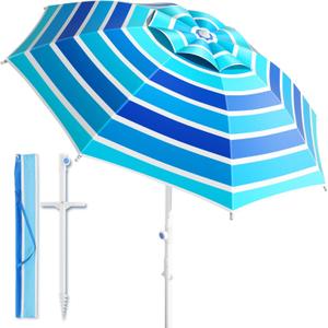 8FT. Large Beach Umbrella with Heavy Duty Sand Anchor & Tilt Sun Shelter, UPF50+ UV Protection, Wind Resistance, Waterproof Canopy, Portable for Beach Outdoor Patio Yard Garden Pool