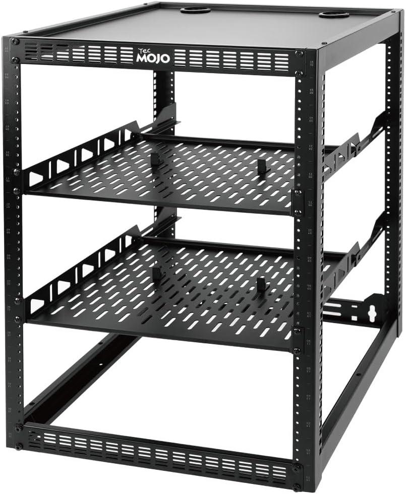 Tecmojo 16U Open Frame Rack for Servers & AV Gear,Server Rack Floor Standing or Wall Mounted,with 2 PCS 1U Rack Shelves & Mounting Hardware,Network Rack for 19"" Networking,Servers and Audio, Black