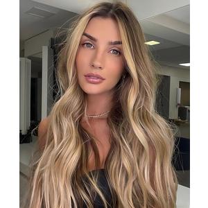 Long Blonde Wig for Women 26Inch Wavy Curly Ombre Blonde Hair Wigs Synthetic Hair Replacement Wig Heat Resistant Hair Wig for Daily Party Use(26'' Ombre Blonde)