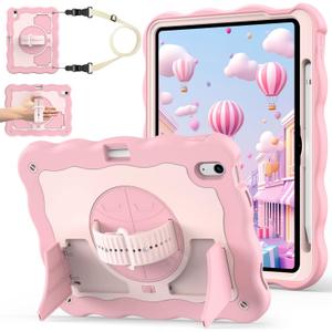 for iPad A16 11th Generation 2025 / 10th Gen Case 2022, for 11 Inch / 10.9 Inch iPad Case Heavy Duty Cover Shockproof with Pencil Holder [360 Rotate Strap] & Stand, Pink