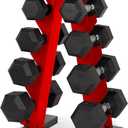 CAP Barbell 150 LB Coated Hex Dumbbell Weight Set with Vertical Rack | Multiple Options (Red Rack)