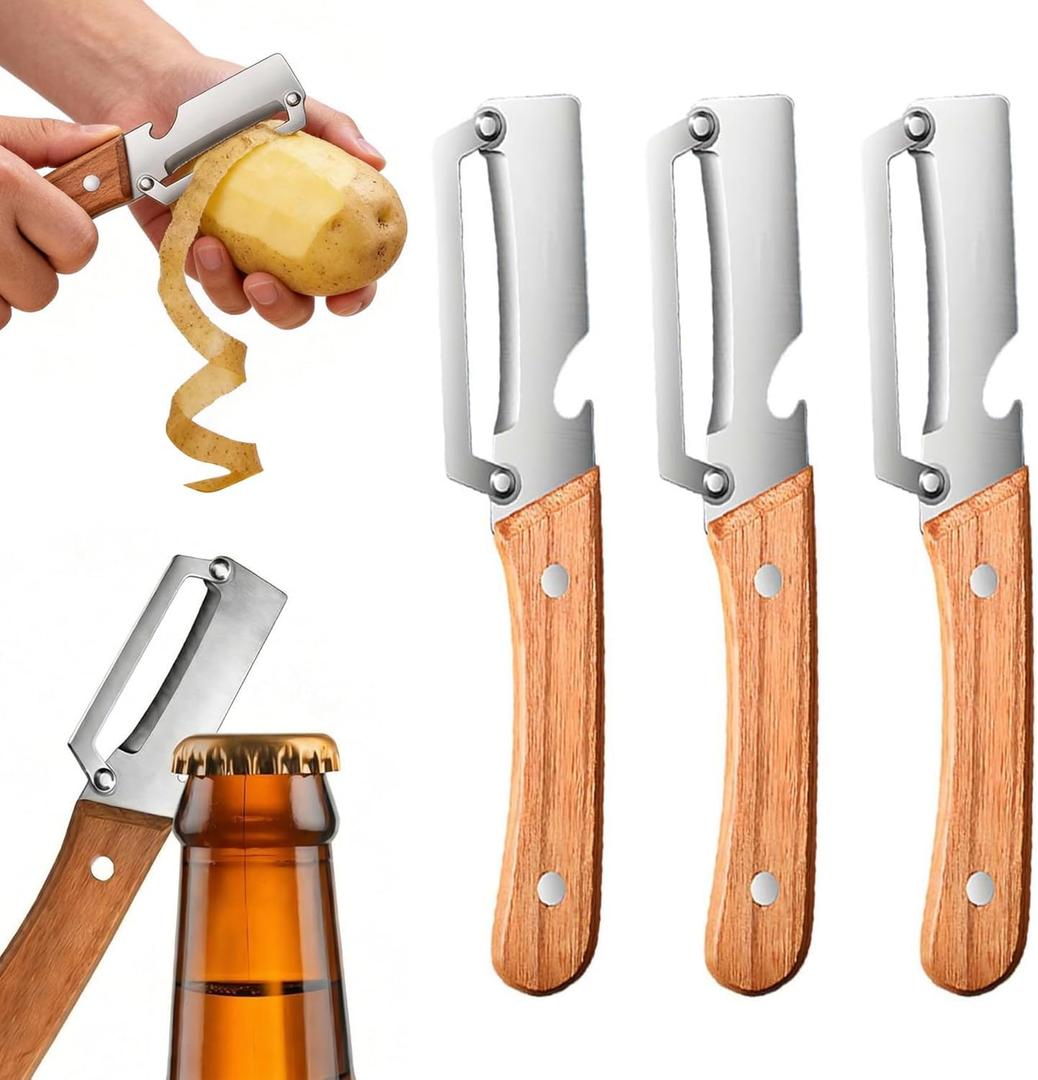 3 Pcs MultiFunctional Vegetable Peeler for Kitchen,Stainless Steel Blade with Ergonomic Wooden Handle and Built-in Bottle Opener, Kitchen Tool for Fruit Veggie Pumpkin, Gifts for Mom