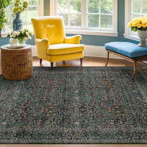 Washable Vintage 5x8 Living Room Rug, Dark Green Floral Area Rug for Bedroom Under Bed, Dining Room Under Small Dining Table, Office - Oriental Low Pile Non Slip & Stain Resistance (5x8 Dark Green)