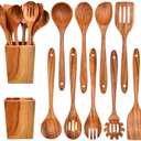 Gudamaye 13 inch Long Wooden Spoons for Cooking, 9 PCS Natural Teak Wooden Kitchen Utensil Set with Utensils Holder Made of Australia Camphor Laurel Wood，Wooden Utensils for Cooking