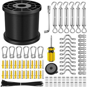 NEREUS String Light Hanging Kit with 200 Ft Vinyl Coated 304 Stainless Steel Cable, String Light Suspension Kit, Guide Wire with Turnbuckles and Hooks for Patio, Backyard Lighting Accessories
