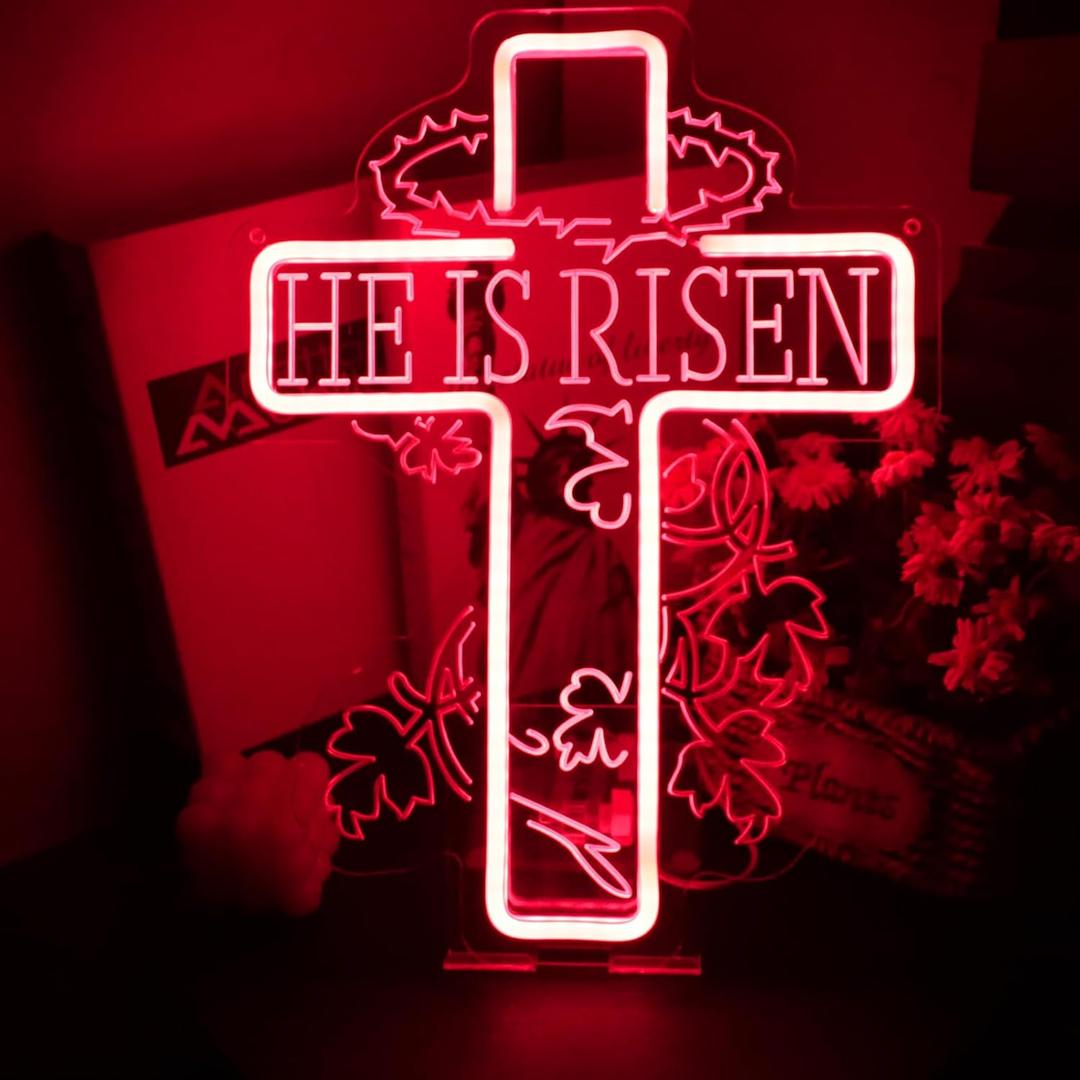 He Is Risen Neon Sign Cross Easter Neon, Dimmable LED Neon for Wall Decor Bedroom Home Room Party Decor, LED Neon Light for Wedding Christmas Easter Celebrations New Year Gift