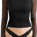 SUUKSESS Women Double Line Mesh Sheer Crop Tank Tops Mock Neck Long Sleeve Shirts (Small, Black)