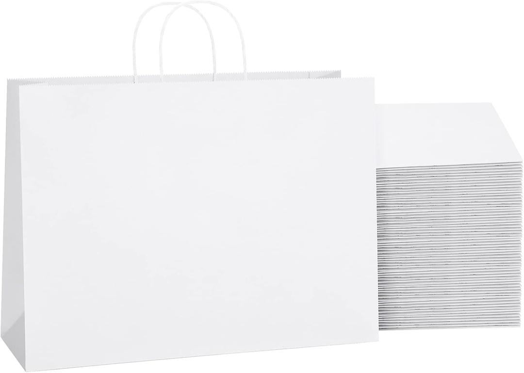 SHOPDAY White Paper Bags with Handles 16x6x12, 25 Pack Large Kraft Paper Bags Bulk, Tote Bags Shopping Bags, Paper Gift Bags, Retail Bags Merchandise Bags for Grocery Business Takeouts