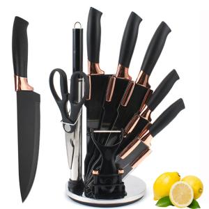 Knife Set, 9 Pieces Sharp Kitchen Knives Set with Rotatable Block, Non Stick Stainless Steel Chef Knife Set with Sharpener for Kitchen, Cooking Tools for Chefs Home Cooks (Black)
