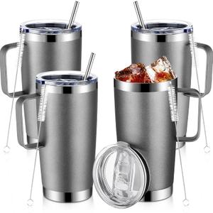 Lallisa 4 Pcs 20 oz Stainless Steel Coffee Mug with Handle Insulated Tumbler with Lid and Straw Brush Double Wall Vacuum Thermal Cup Reusable Portable Coffee Tumbler for Hot Cold Drinks (Silver)