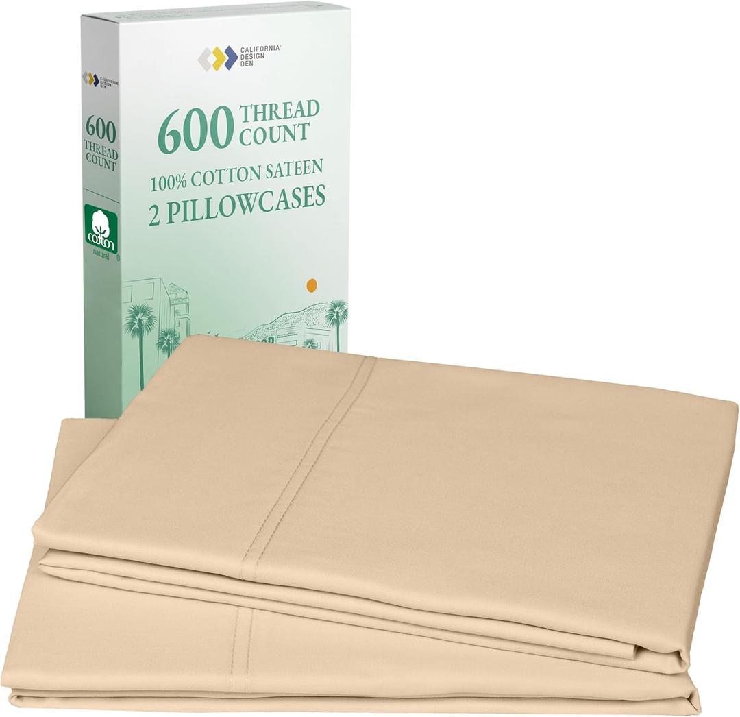 California Design Den Luxuriously Soft Premium 600 Thread Count, 100% Cotton Set of 2 Cases, Crisp Standard Pillow Covers, Fits Standard & Queen Pillows (Golden Tan)
