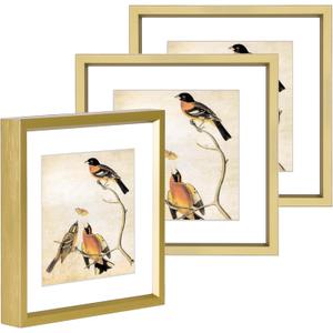 BKABOT 5x5 Picture Frame, Brass Metal Photo Frames with HD Glass, Fits 4x4 with Mat or 5 x 5 without Mat, Display for Wall and Table, 3 Pack
