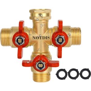 3 Way Hose Splitter, Solid Brass High Volume 3 Way Hose Splitter Valve with Metal Handle, Heavy Duty High Flow Spigot Splitter with Shut off Valve, 3/4 Inch Garden Tap Splitter