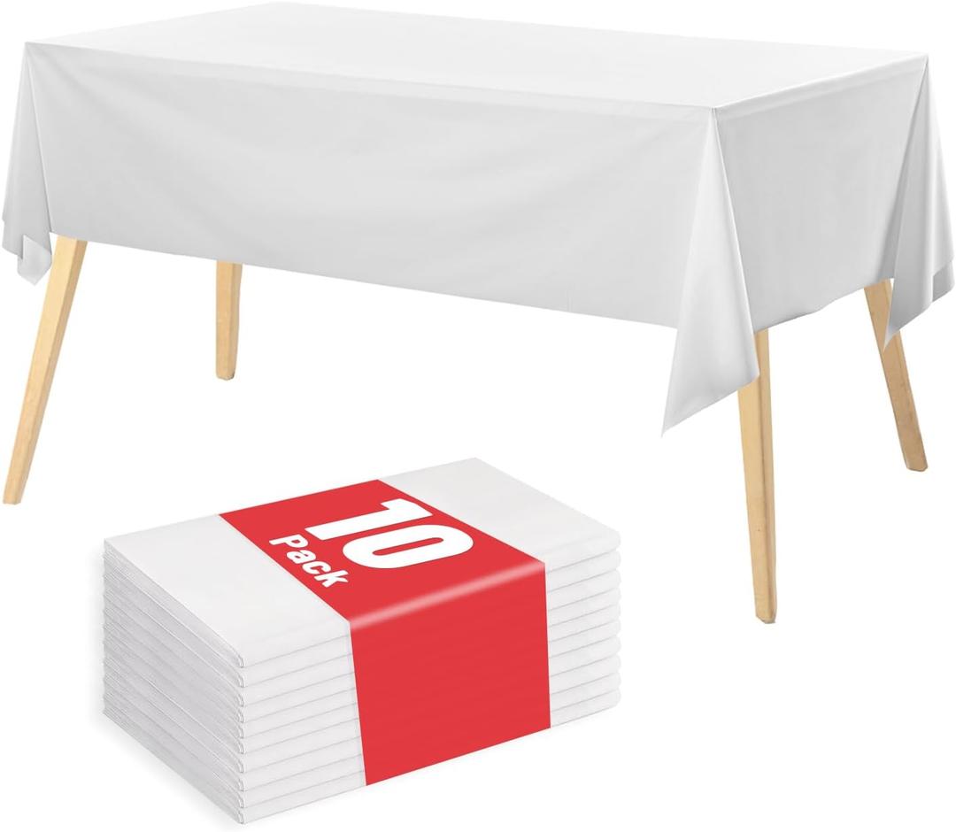 Plastic Table Cloth, 10 Packs Disposable Tablecloth 54 X 108 Inch White Plastic Tablecloth for Rectangle Tables Tougher PEVA Table Cover for Party Decorations Picnic Graduation Camping Birthday