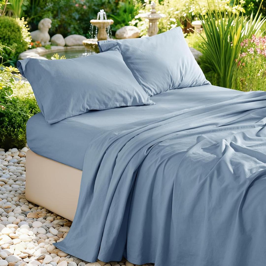 100% French Pure Linen Sheets Queen Size, Breathable, Soft and Durable Pure Linen Sheets, Anti-Tear Linen Bed Sheets, 16 Inch Deep Pocket - 4 PC (Dusty Blue,Queen)