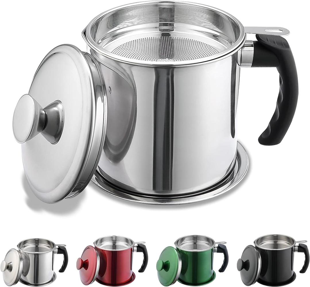Kyraton Bacon Grease Container With Strainer, 48 oz Stainless Steel Oil Container, Pot Fat Storage With Lid, Easy Grip Handle Suitable For Storing Frying Oil And Cooking Grease 1 Silver