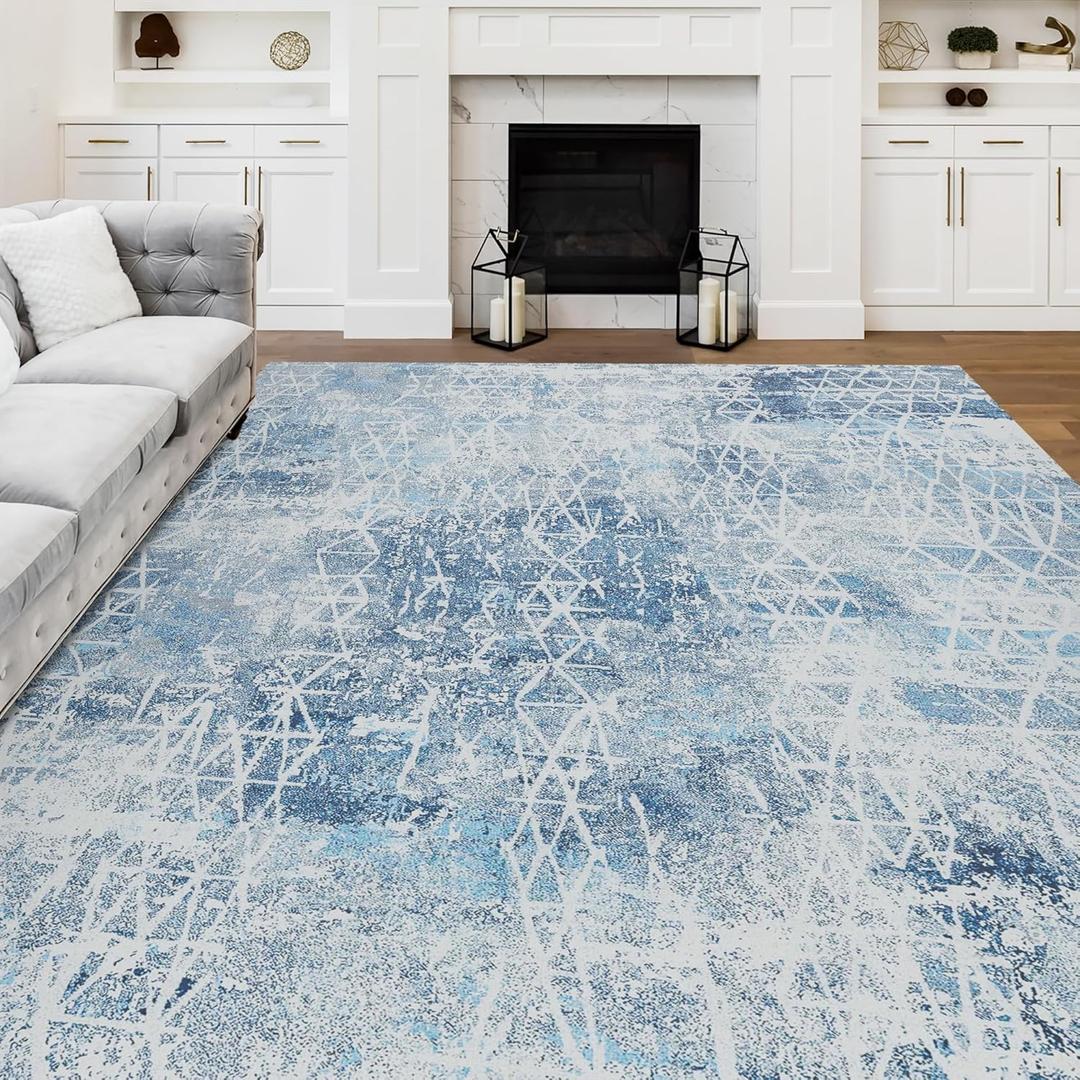 Area Rug for Living Room, 8x10 Large Area Rug Soft Non-Slip Carpet for Bedroom Modern Abstract Rug Low-Pile Machine Washable Rug Carpet for Dining Room Navy Blue