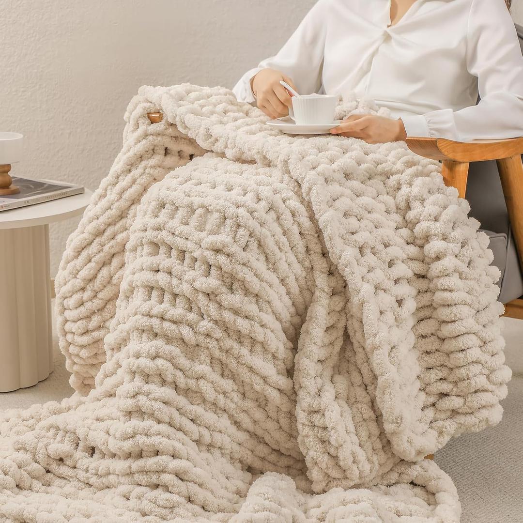 bearberry Chunky Knit Throw Blanket 60x80 Inches Handmade, Soft Jumbo Chenille Yarn with Cable Rope Knot Design | Thick Cozy Large Blanket for Couch, Sofa, Bed & Living Room Home Decor | Beige