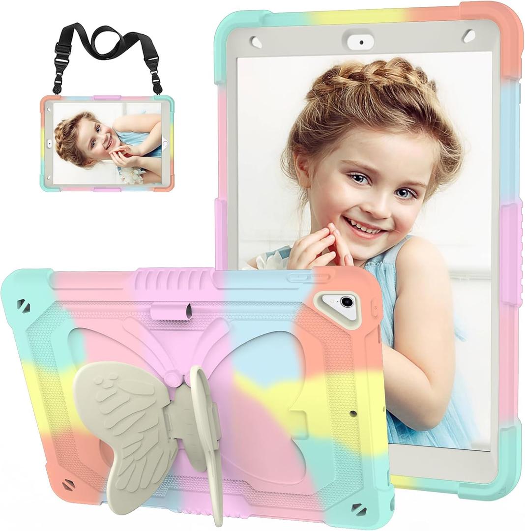 for iPad 9th 8th 7th Generation Case for Kids Girl with Pencil Holder, for iPad 10.2 Case with Butterfly Stand Shoulder Strap Shockproof Protective Cover, Multicolor (Colorful)