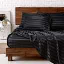 MR&HM Satin Bed Sheets, Queen Size Sheets Set, 6 Pcs Silky Bedding Set with 15 Inches Deep Pocket for Mattress (Queen, Black Striped)
