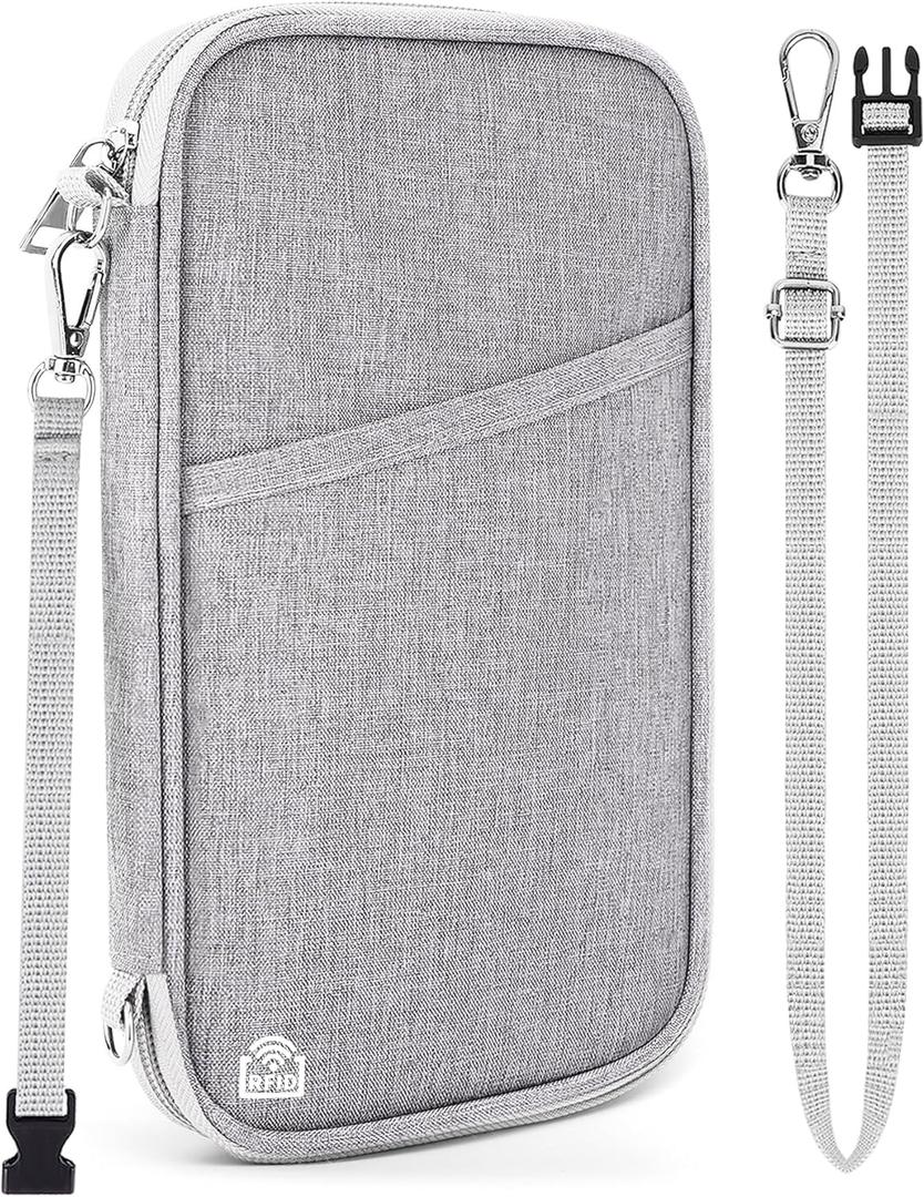 Family Passport Holder for Travel, RFID Blocking Travel Document Organizer with Flexible Carrying Style, Portable Passport Wallet and Essentials for Trip (Grey)